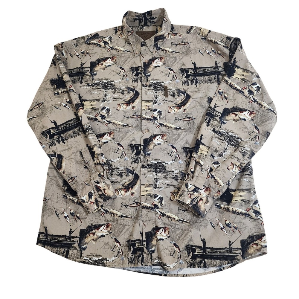 North River Outfitters Mens XXL Fishing Print Button Down Shirt Bass Lures Tan